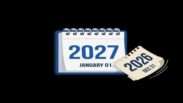 Calendar page flipping animation showing transition from December 31 2026 to January 01 2027 representing the arrival of a new year in this smooth motion graphic footage