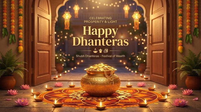 Happy dhanteras greeting card with golden pot filled with coins and traditional decorations gold coins wealth pot dhanteras festival diya lamps lotus flowers indian festival hindu festival