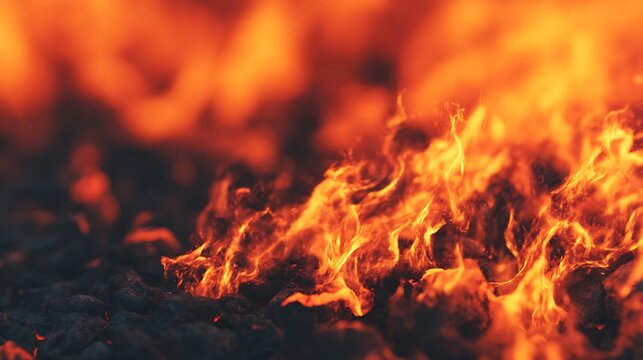 Intense orange and yellow flames blaze over dark, charred ground, creating a vivid and dynamic scene of fire in motion.