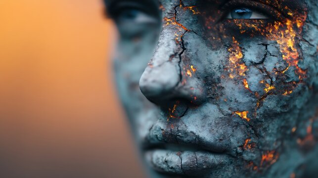 A close-up of a human face with cracked, molten lava-like texture glowing orange against a dark, ashy surface.
