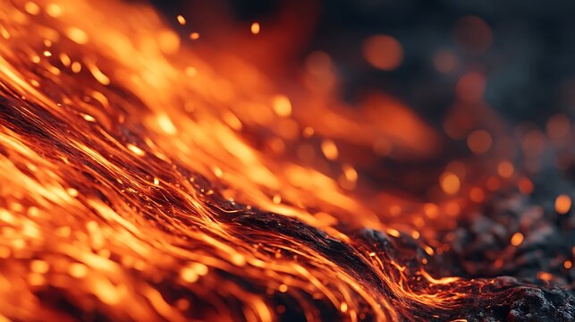 Close-up of molten lava flowing with glowing orange and red hues, highlighting the texture and heat of the molten rock.