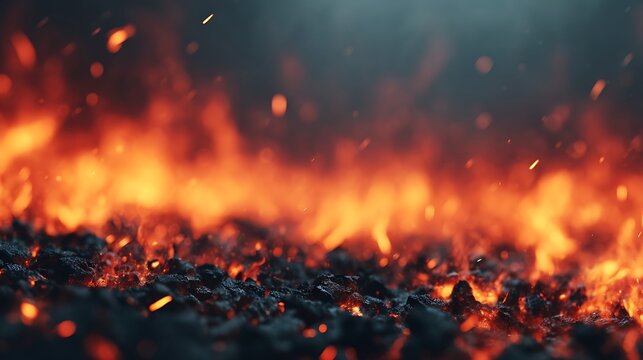Close-up of glowing embers and flames with sparks flying, creating an intense fiery scene.