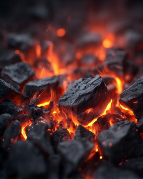 Glowing hot charcoal embers with fiery orange flames creating intense heat and a dramatic contrast between black and red.