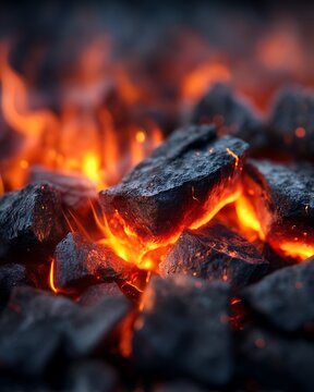 Glowing hot charcoal embers with vivid orange flames and smoky heat radiate intense warmth and energy in a close-up view.