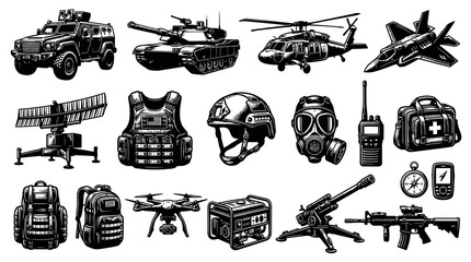 Fototapeta premium Military Equipment Vector - Black and White Line Art Collection