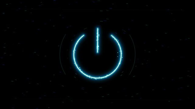 Neon power button icon glows against a dark background