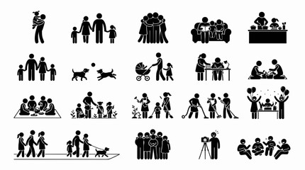 Naklejka premium Stick figure icons depicting family lifestyle activities and domestic chores in silhouette vector set