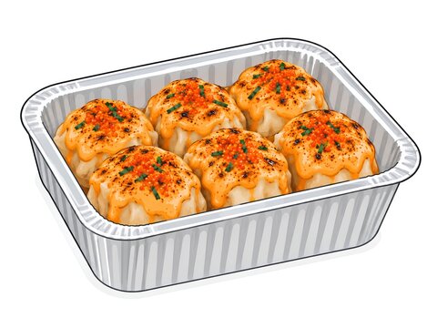 Steamed Dumplings with Torched Mentai Sauce (Dimsum Mentai) vector illustration topped with tobiko and chopped chives in an aluminum foil container, isolated on white background.