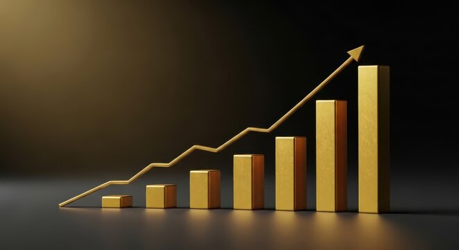 Growth trajectory represented by ascending golden blocks and upward trend line