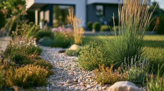 Modern garden landscaping with gravel path and ornamental grass. Contemporary house exterior in the background. Residential backyard design