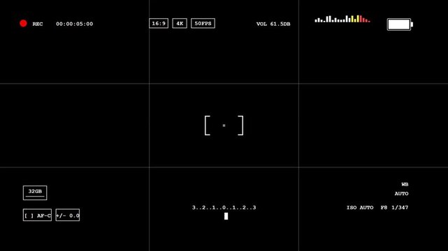 4K Digital Camera Interface Recording Screen Overlay with Rule of Thirds Grid and Technical Data