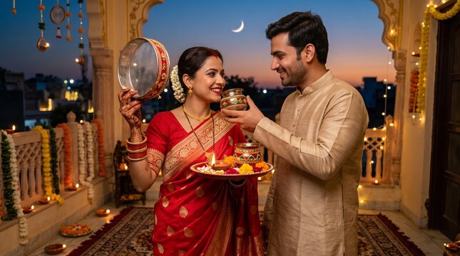 Indian couple celebrating Karwa Chauth on a decorated balcony under the crescent moon during sunset