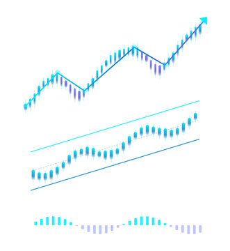 Set of financial trading charts and technical analysis indicators with candlestick patterns and trend lines isolated on transparent background