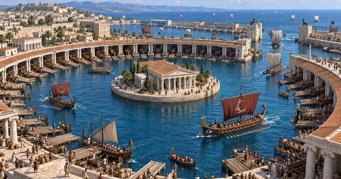 Ancient Carthage circular military harbour with rowing ships and colonnades