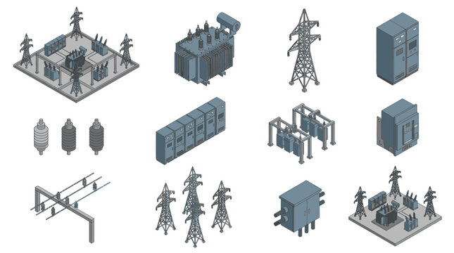 Dynamic Isometric Collection of Electrical Power Infrastructure and Equipment in Blue Gray Tones