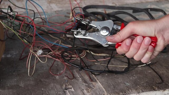 A hand holds a professional wire stripper for removing insulation from wires against the background of a tangled knot of multi-colored electrical cables