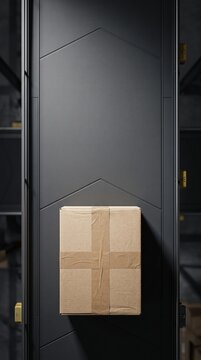 Cardboard parcel hanging by string on dark door