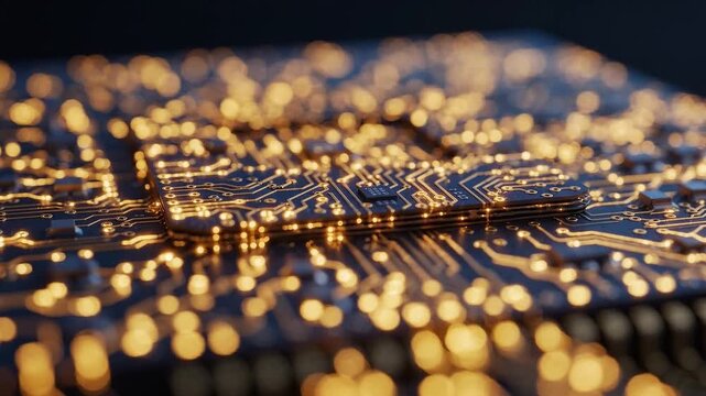 Financial Market Technology with Glowing Blue Circuit Board, Golden Electronic Traces, Digital Finance Investment Innovation, Futuristic Microchip Design and Electronic Circuit Detail