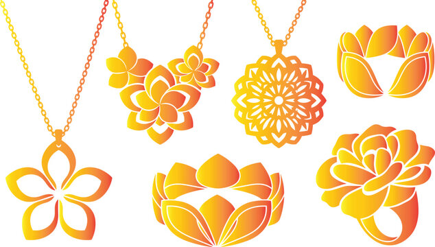 Gold Floral Jewelry Set featuring Blossom Pendant Necklaces, Mandala Charm, Leaf Bangle, Crown, and Flower Ring Vectors for Luxury Designs