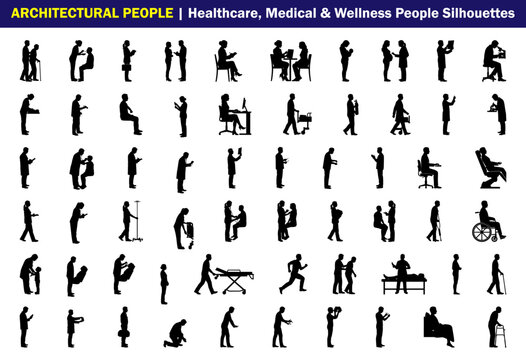 Healthcare and Medical Worker Silhouette Set for Architectural People, doctors, nurses, patients, therapists, wheelchair users and clinical care figures vector illustration