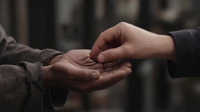 Giving hand offering support to person in need charity donation and helping homeless concept