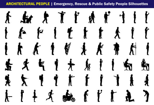 Emergency Rescue and Public Safety Silhouette Set for Architectural People, firefighters, paramedics, police officers, rescue workers, first responders and safety personnel vector illustration
