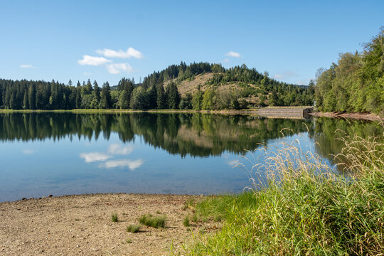 Trinkwassertalsperre Scheibe-Alsbach Blick &uuml;ber das Staubecken zum Staudamm