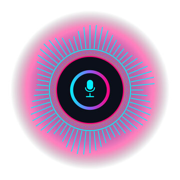 Voice assistant microphone icon with circular sound wave visualization and glowing neon light effect isolated on transparent background