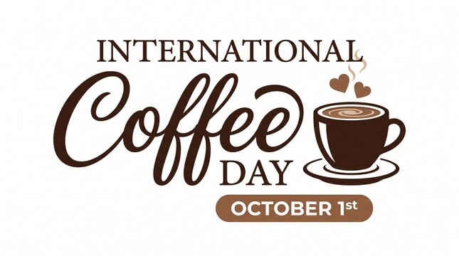 International Coffee Day typography on white background, October 1st celebration banner, brown coffee cup icon with hearts