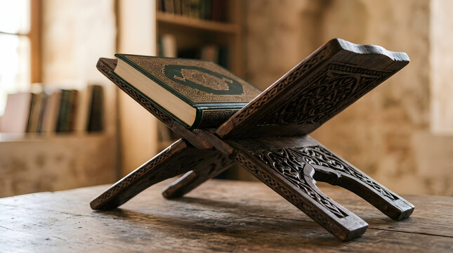 Holy Quran on ornate wooden stand in rustic library setting