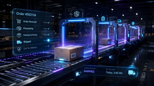 Automated smart warehouse conveyor belt system with artificial intelligence scanning packages for e-commerce delivery logistics and tracking