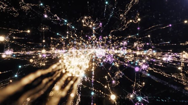 Abstract Financial Market Network with Glowing Golden and Purple Light Trails, Radiant Particle Explosion, Colorful Energy, Dynamic Motion, Digital Connection, Innovation and Investment Growth