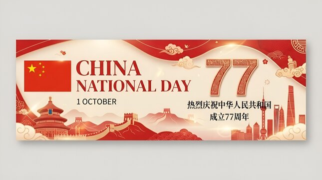 Happy China National Day 77th Anniversary October 1 Vector Banner with Chinese Flag Ribbon and Landmarks