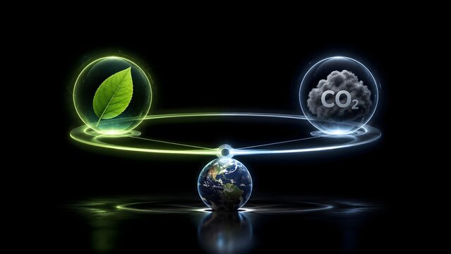 Environmental balance concept with green leaf sphere and co2 emissions cloud on a seesaw resting over planet earth