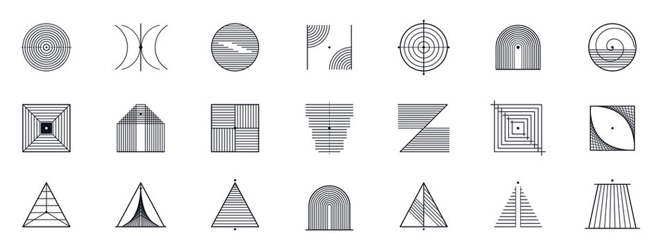 Set of geometric line art patterns and abstract shapes with circles, squares, and triangles isolated on transparent background