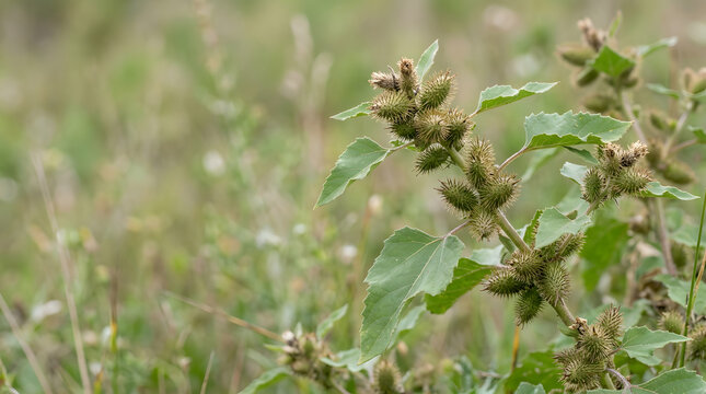 Close-up of burdock plant in natural meadow setting