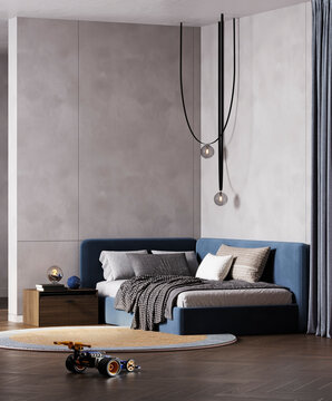 Modern Teen Boy Bedroom with Blue Bed and Minimalist Interior