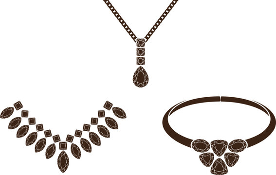 Luxury Jewelry Necklace Set featuring Elegant Diamond Pendant, Choker, and Bangle Bracelet Vector Icons for Fashion, Beauty, and Retail Designs