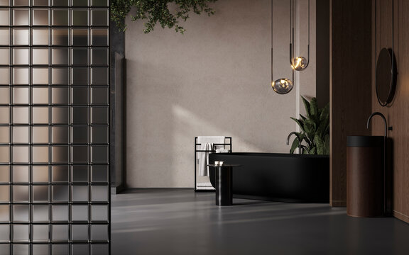 Modern Dark Bathroom Interior with Freestanding Bathtub and Warm Lighting
