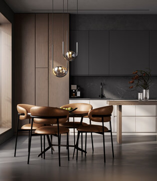 Modern Dark Kitchen Interior with Wood Cabinets and Dining Area