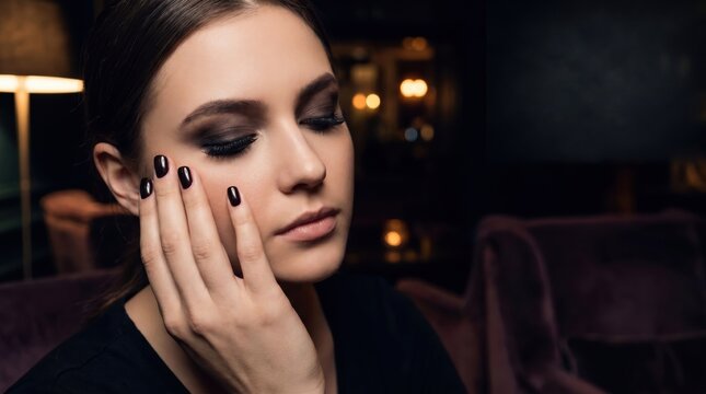 gorgeous caucasian woman with dark makeup and manicure touching face with closed eyes. elegant female beauty portrait in luxury interior. cosmetics concept. copyspace, banner, website header.