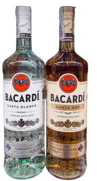Bottles of Bacardi rum: on the left, the clear Carta Bianca, and on the right, the amber-colored Carta Oro.Milan - Italy, 06 September 2026