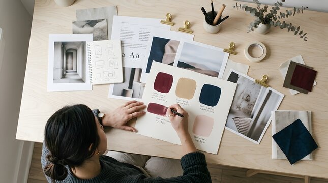 Person reading studying or working on a creative project indoors stylishly displayed