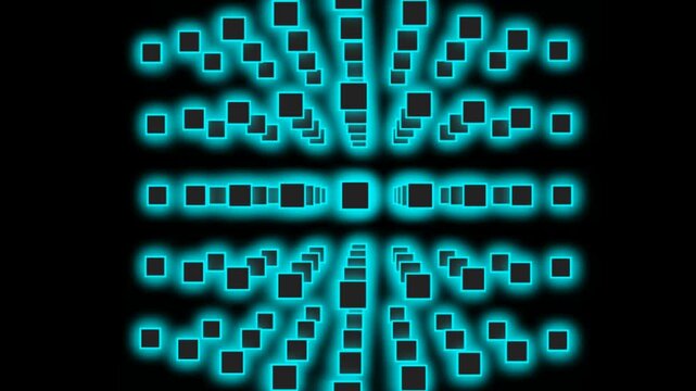Futuristic neon blue glowing cube grid rotating in dark virtual digital space background animation