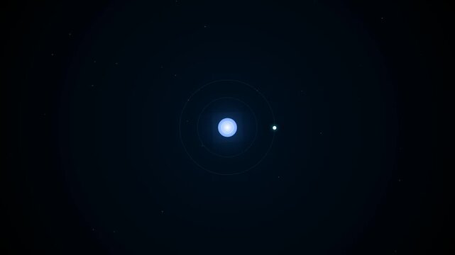 Animated atom model with glowing purple nucleus and orbiting electrons on dark background