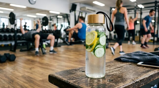 Glass water bottle with lemon and cucumber slices in a fitness center gym