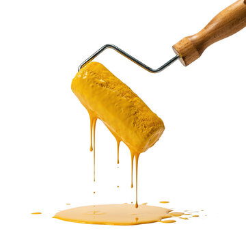 Paint roller with yellow paint dripping and a puddle on the floor isolated on transparent background