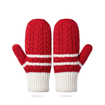 Pair of red and white knitted winter mittens for cold weather isolated on transparent background