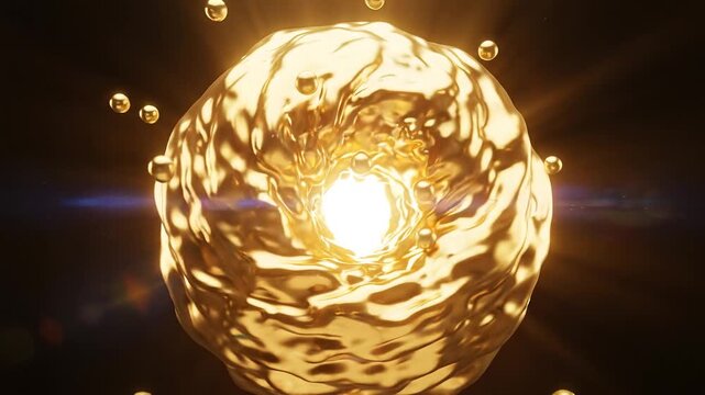 Golden Liquid Sphere Financial Market with Radiant Light, Floating Droplet Clusters, Abstract Digital Investment Wealth Growth and Metallic Particle Reflections in Dark Space