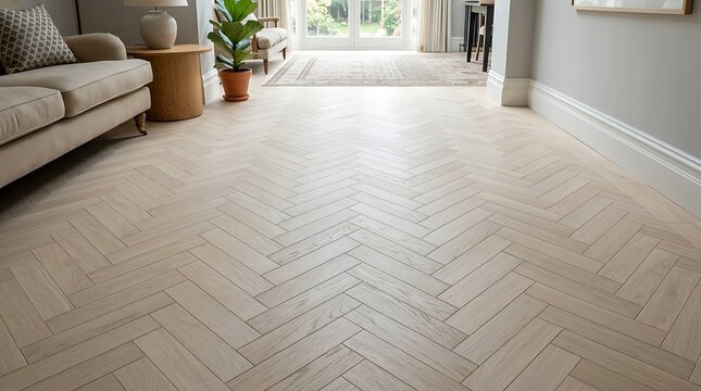 Bright modern living room with elegant light wood herringbone floor in a residential home interior, bathed in natural light.